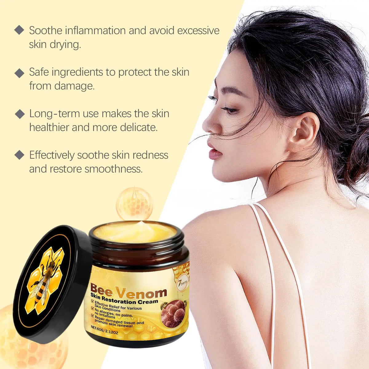 Jar of Bee Venom Skin Restoration Cream with a woman applying it to her face.