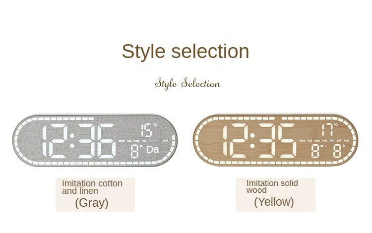 Two digital clocks showing time and temperature, one imitation cotton gray and one imitation solid wood yellow.