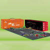 An orange storage box for a pull-back mini car set, with several miniature cars displayed on a green grid mat.