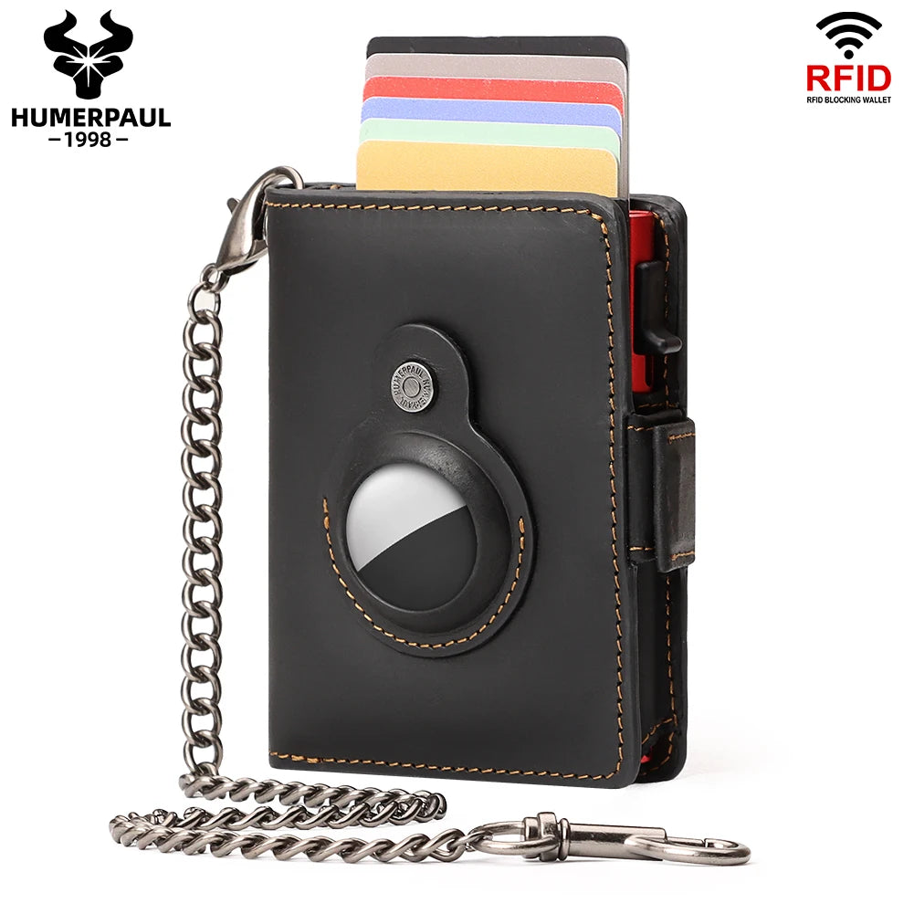 Black leather wallet with a chain, RFID blocking features, and a slot for an AirTag.