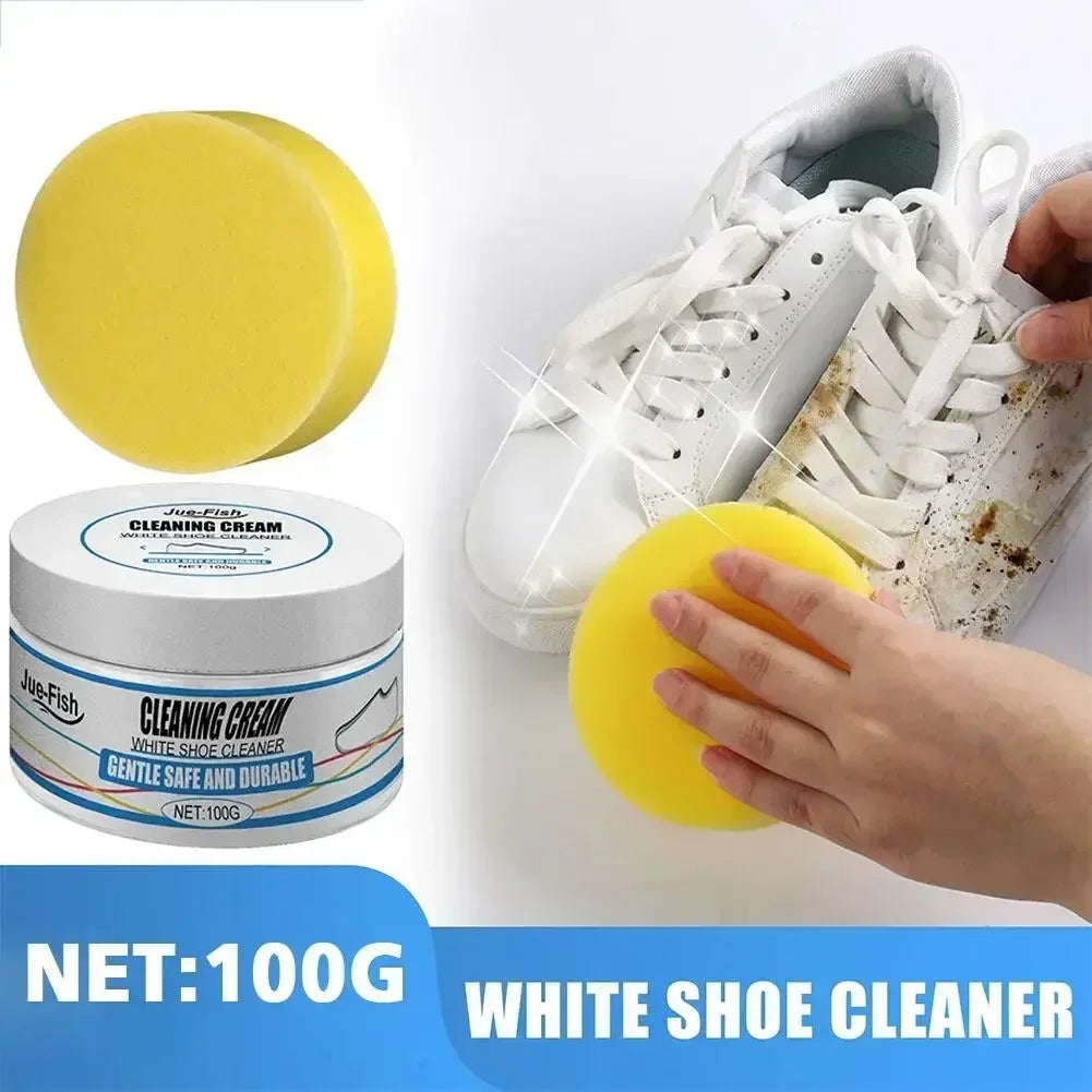 A yellow cleaning cream and sponge are shown next to a white sneaker for shoe cleaning.