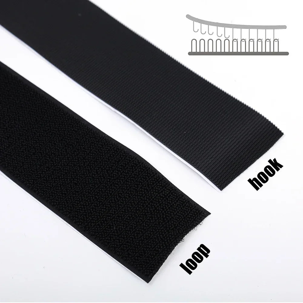 Black hook and loop fastener tape shown with a diagram illustrating the hook and loop structure.