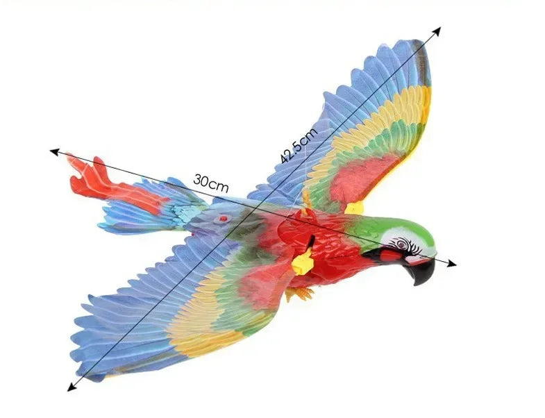 Jouet interactif suspendu pour chat en forme d'oiseau aux plumes bleues, jaunes et rouges.