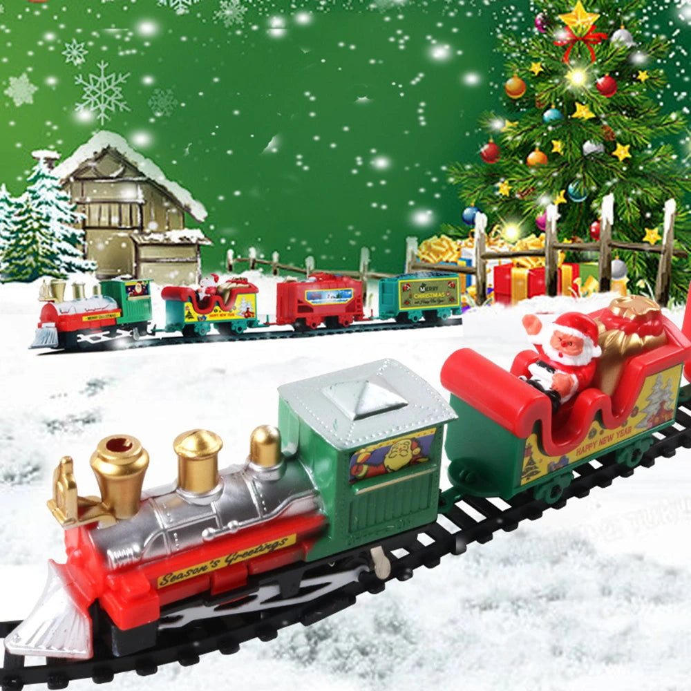 A red and green classic Christmas train set with lights and sounds on a snowy track against a festive green background.