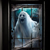 A ghostly white figure in a veil is displayed through a distressed window pane with spiderwebs.