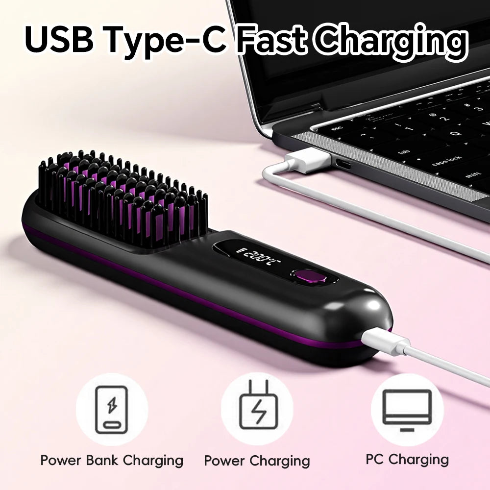 A black hair straightening brush is shown plugged into a USB Type-C cable for fast charging, with options for power bank and 