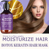 En flaske Botox Keratin hårmaske ved siden av en kvinne med langt, skinnende brunt hår.