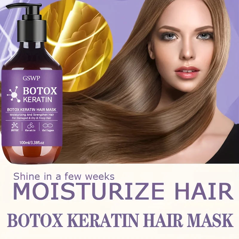 En flaske Botox Keratin hårmaske ved siden av en kvinne med langt, skinnende brunt hår.