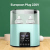A modern, light blue electric baby bottle warmer and sterilizer with a clear glass chamber.