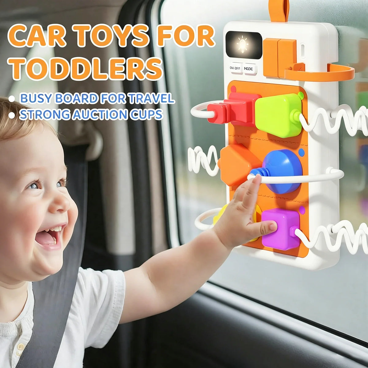 A toddler is interacting with a colorful Montessori busy board for travel featuring auction cups and lights.