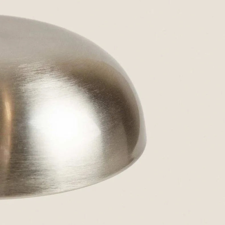 A close-up shot of a smooth, metallic, dome-shaped lamp shade.