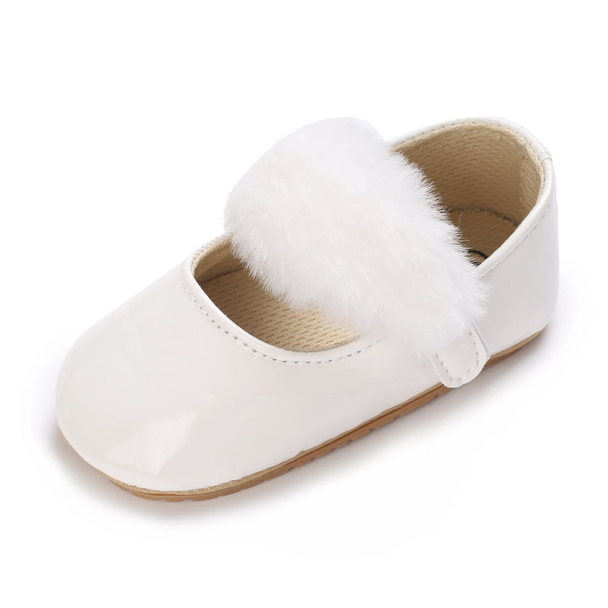White soft non-slip baby first walker shoes with a fluffy white faux fur trim