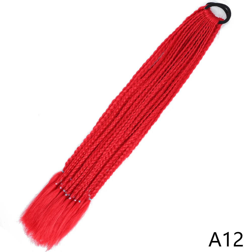 Red gradient pre-braided ponytail extension with an elastic band.