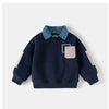 Navy fleece pullover sweatshirt with a denim collar and a light beige pocket detail.