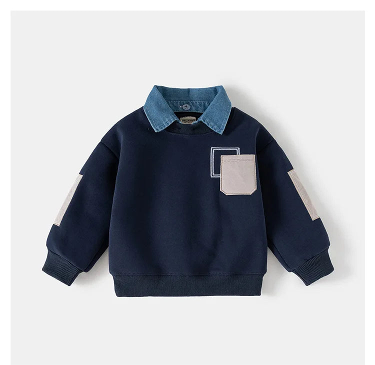 Navy fleece pullover sweatshirt with a denim collar and a light beige pocket detail.
