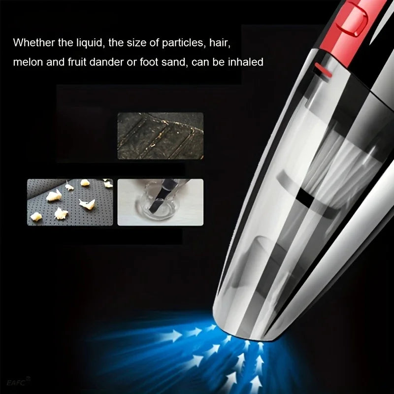 A close-up of a handheld vacuum cleaner emitting a strong blue beam, demonstrating its ability to inhale various particles.