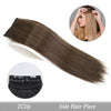 A side hair piece of straight, dark brown hair shown alongside a close-up of the clip-in hair pad.