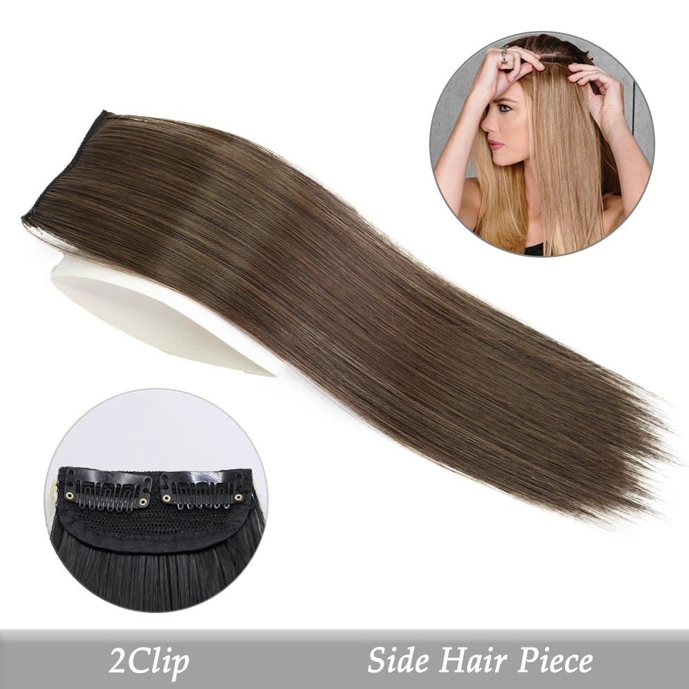 A side hair piece of straight, dark brown hair shown alongside a close-up of the clip-in hair pad.