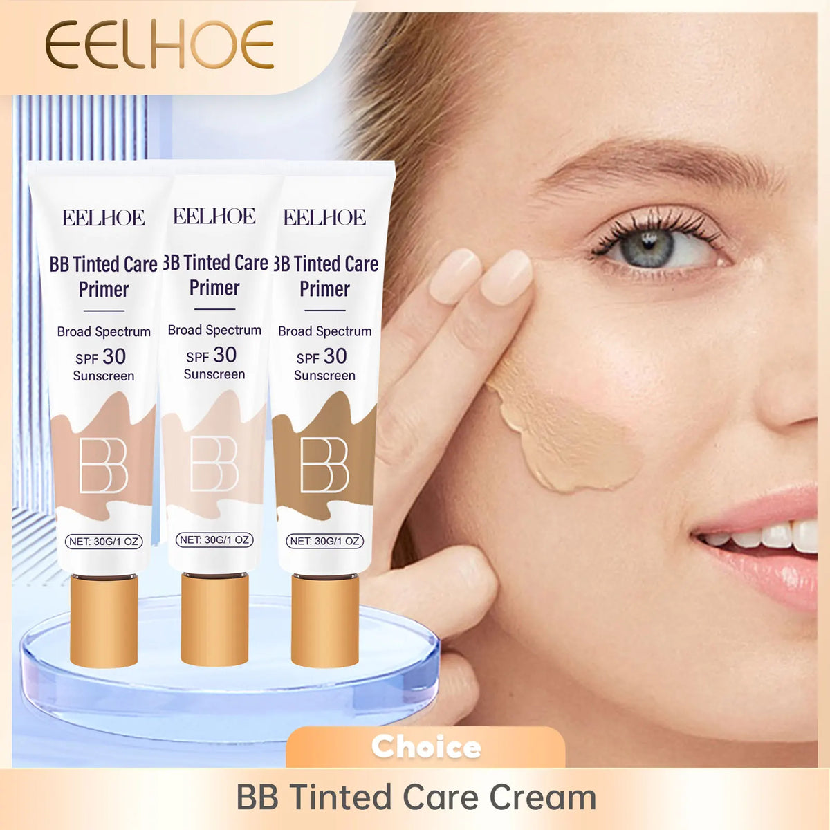 Tre tuber med EELHOE BB Tinted Care Primer med SPF 30 solkrem vist ved siden av en kvinnes ansikt.
