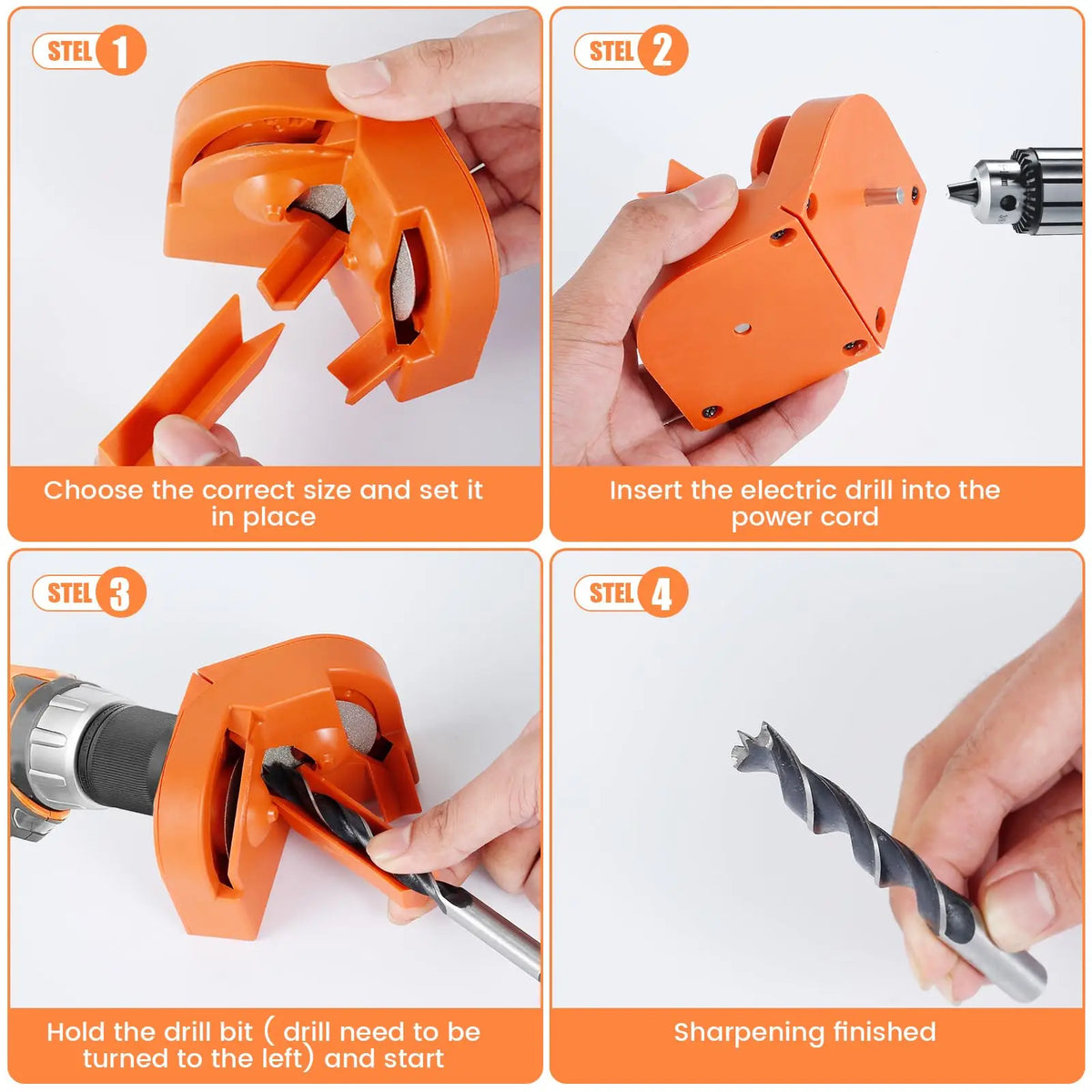 Four steps showing how to use a portable diamond wheel drill bit sharpener for electric drills