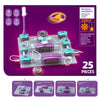 A DIY electronic circuit building blocks kit showing various components like batteries wires and circuit boards.