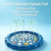 A blue inflatable alphabet splash pad with water sprinklers is shown on a surface.