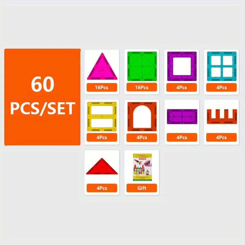 A set of magnetic building blocks tiles in various shapes and colors including triangles, squares, rectangles, and an arch.