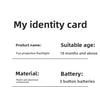 Product information card listing for a Kids' Cartoon Story Projector Flashlight Toy detailing material and suitable age