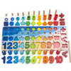 A set of wooden alphabet and number puzzle pieces for toddlers, including various shapes and colors.