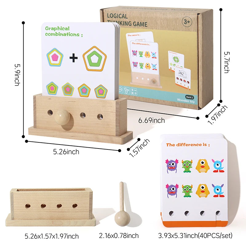 A wooden logic puzzle game showing graphical combinations and a box with puzzle cards.