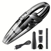 A black cordless handheld vacuum cleaner with a clear body, hose, and accessories shown on a white background.
