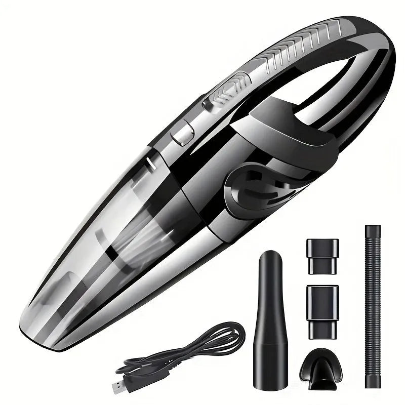 A black cordless handheld vacuum cleaner with a clear body, hose, and accessories shown on a white background.