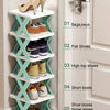 A white and teal modular stackable shoe rack organizer with five tiers holding various types of shoes and accessories.