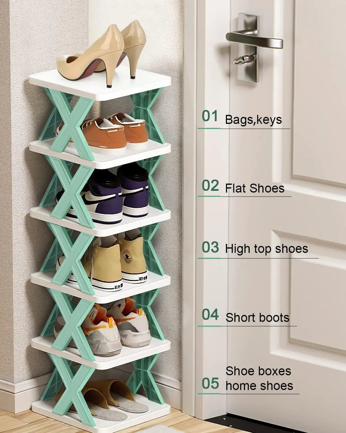 A white and teal modular stackable shoe rack organizer with five tiers holding various types of shoes and accessories.