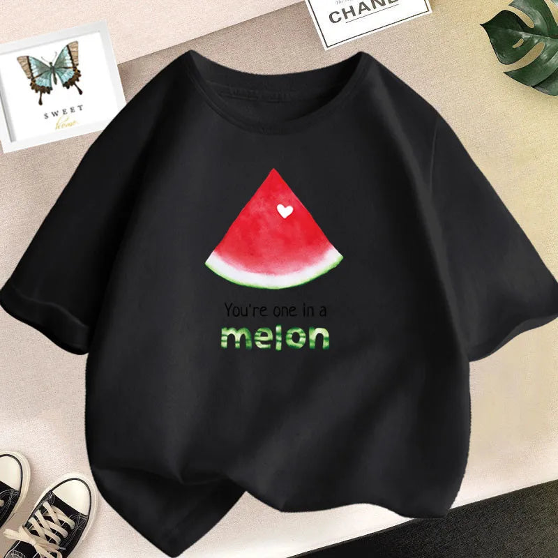 Black t-shirt featuring a red watermelon slice design with the text You're one in a melon