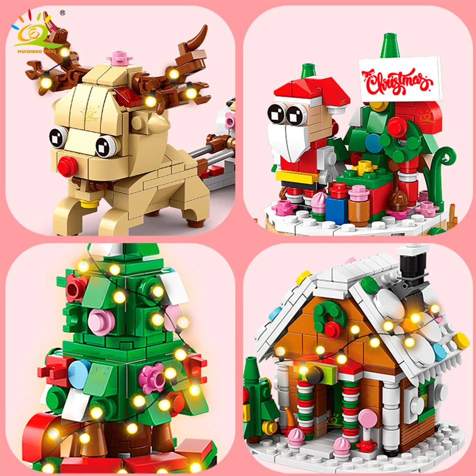 A set of Christmas building blocks featuring a snow house, Santa, and deer figures.