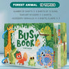 A set of forest animal activity sheets and accessories for a busy book featuring various animals like a giraffe, frog, and bu