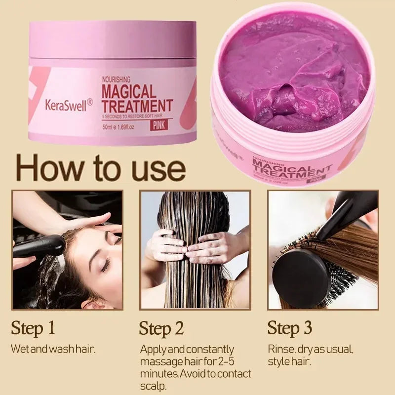 A pink jar of KeraSwell Magical Treatment hair mask with instructions for use.