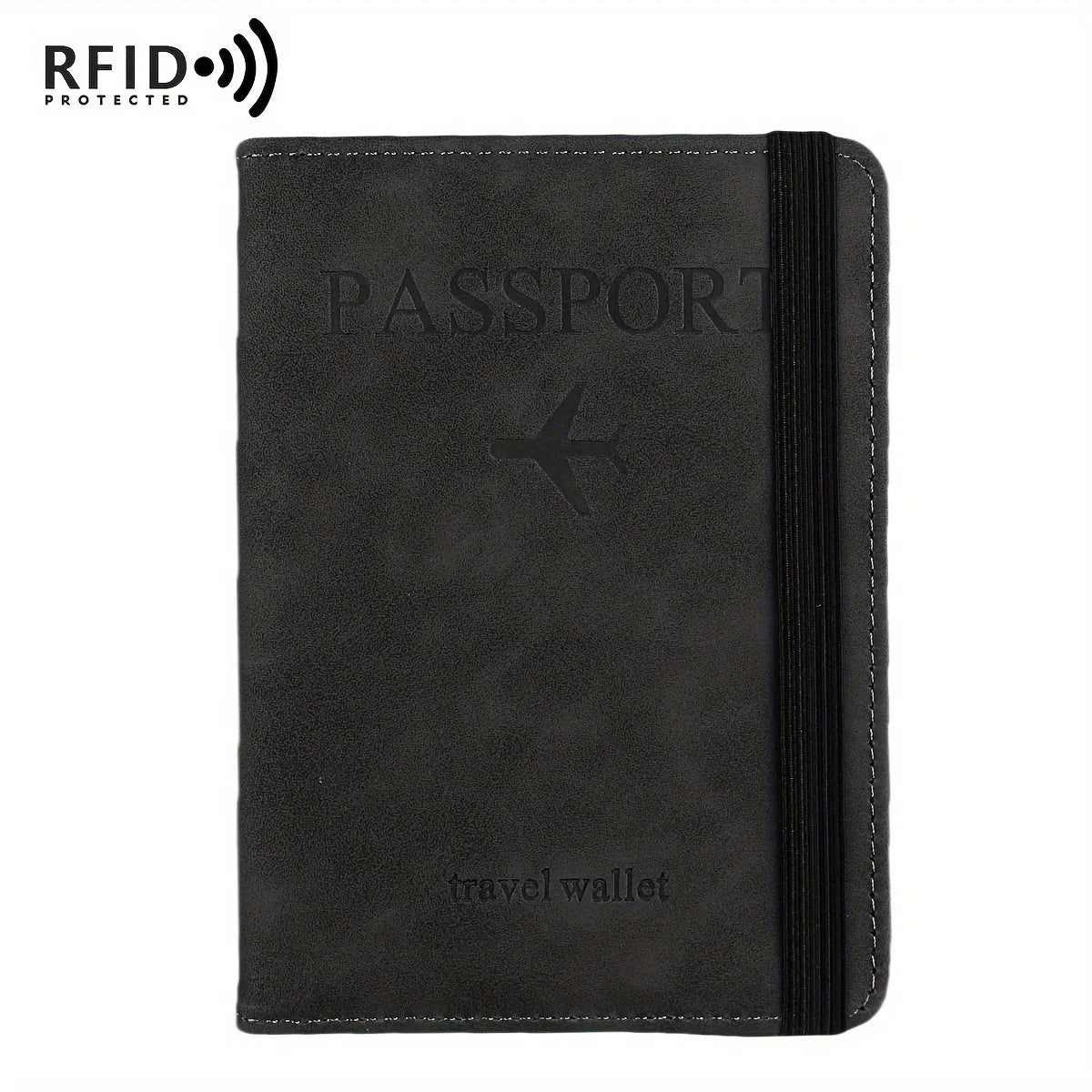 حامل جواز سفر من الجلد الأسود مع حماية RFID وجيوب للبطاقات.