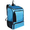A bright blue waterproof sports backpack with black accents and a carrying strap.