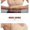 A beige breathable plus size sports bra is shown being worn by a model, highlighting its resilient texture and fit.