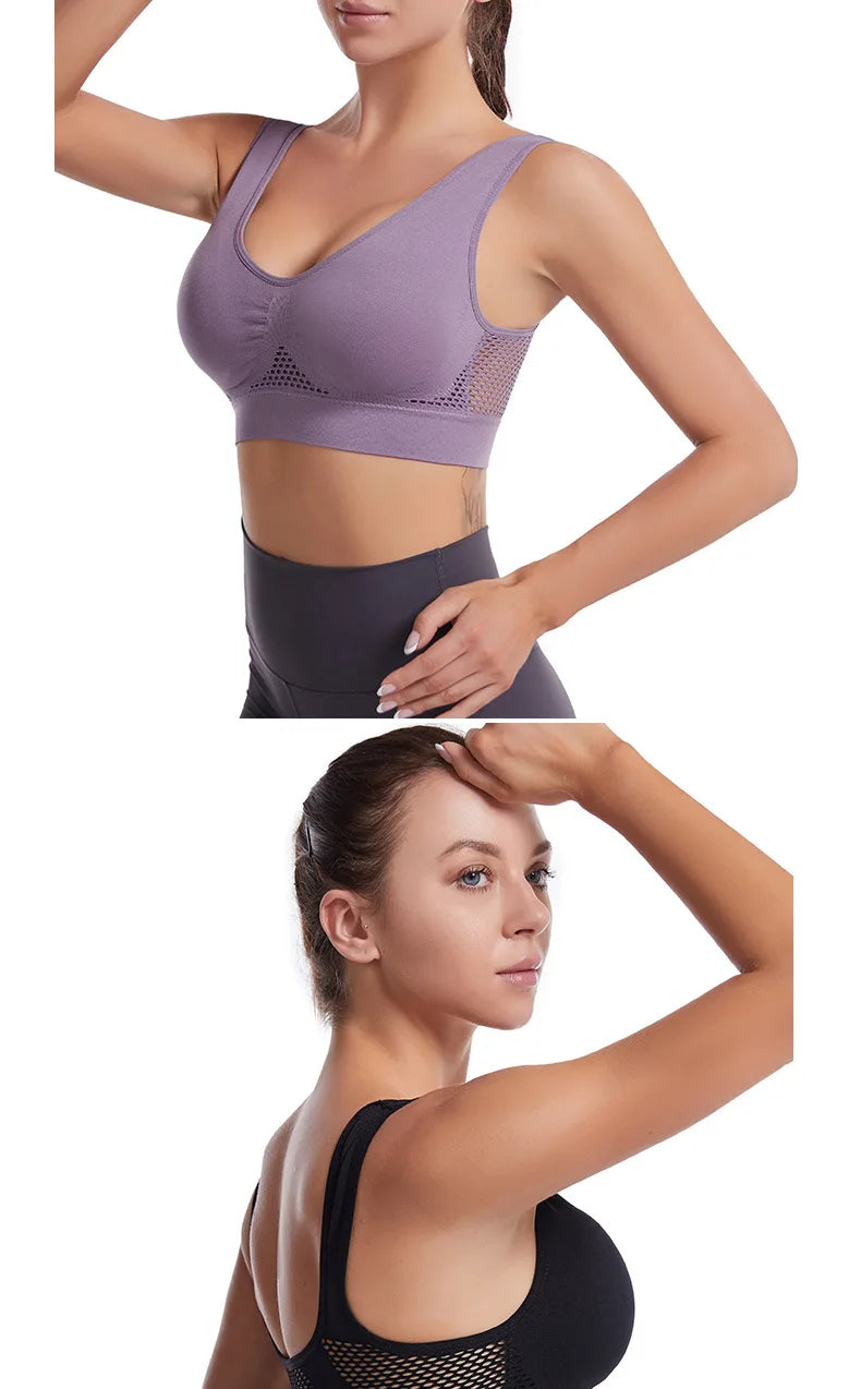 A woman models a purple breathable sports bra with mesh panels and padded support.