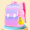A pink backpack featuring a yellow animal plushie design, used as a complete beginner sewing kit.