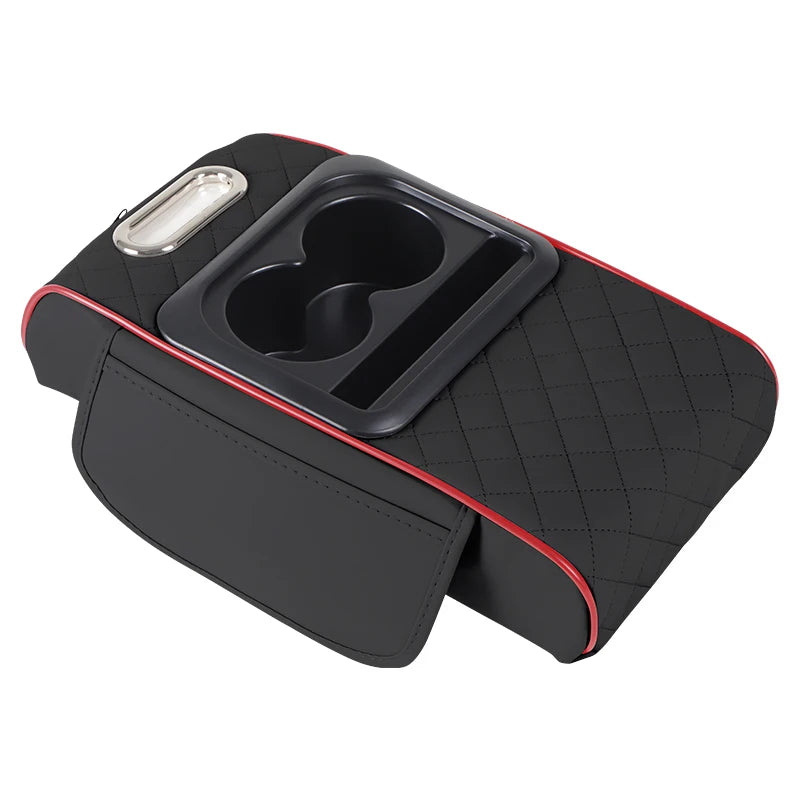Black car center console organizer with a padded armrest and cup holder compartment