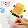 A yellow math roller stamp is used to practice addition and subtraction problems on a sheet of paper.