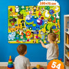 A felt story board featuring various zoo animals on a yellow background, displayed on a blue wall.