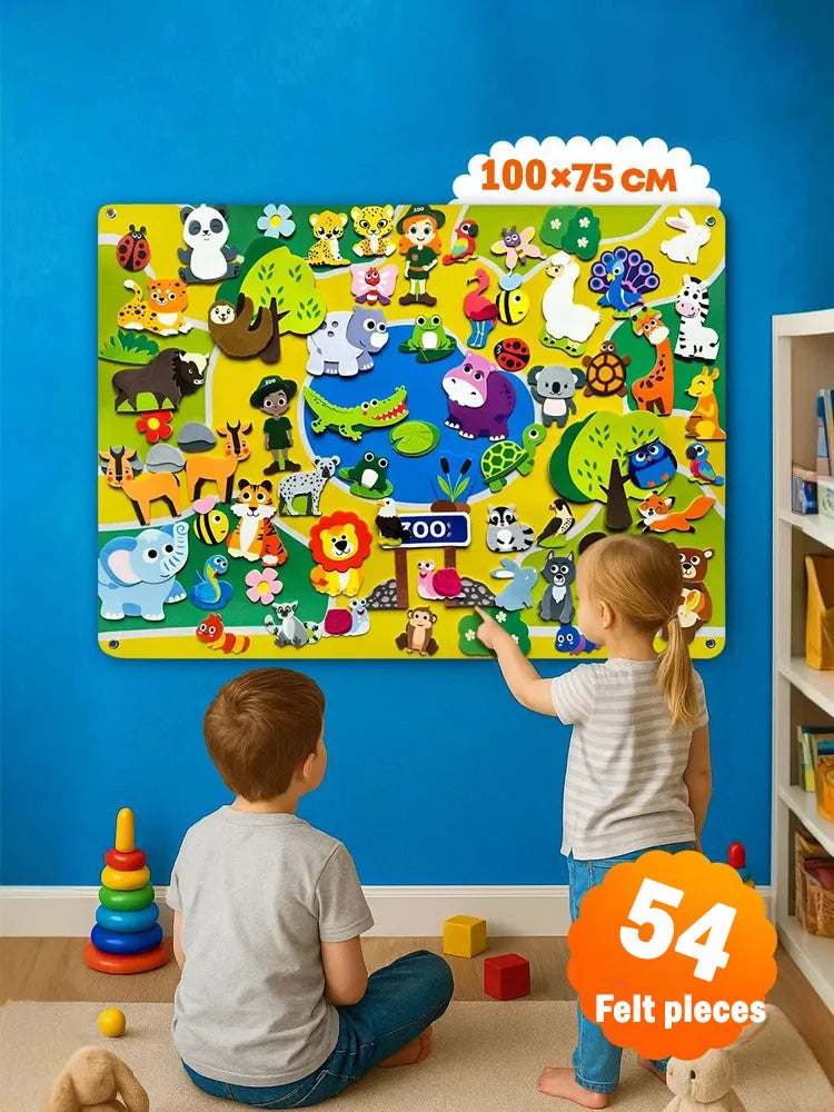 A felt story board featuring various zoo animals on a yellow background, displayed on a blue wall.