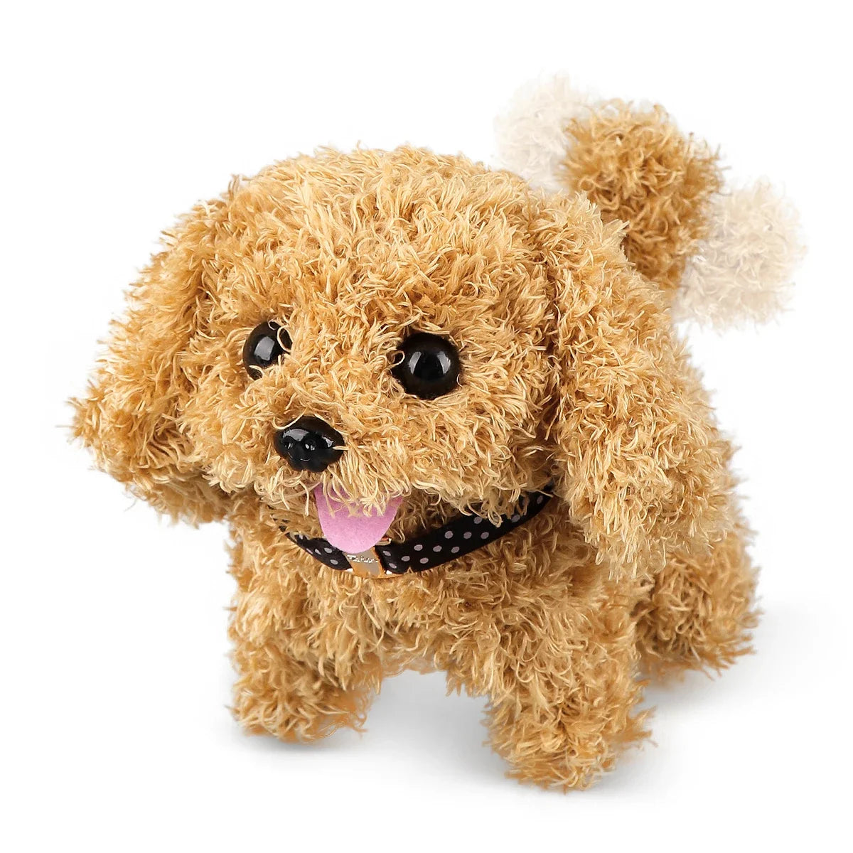 A fluffy, light brown plush puppy toy with floppy ears and a black collar.