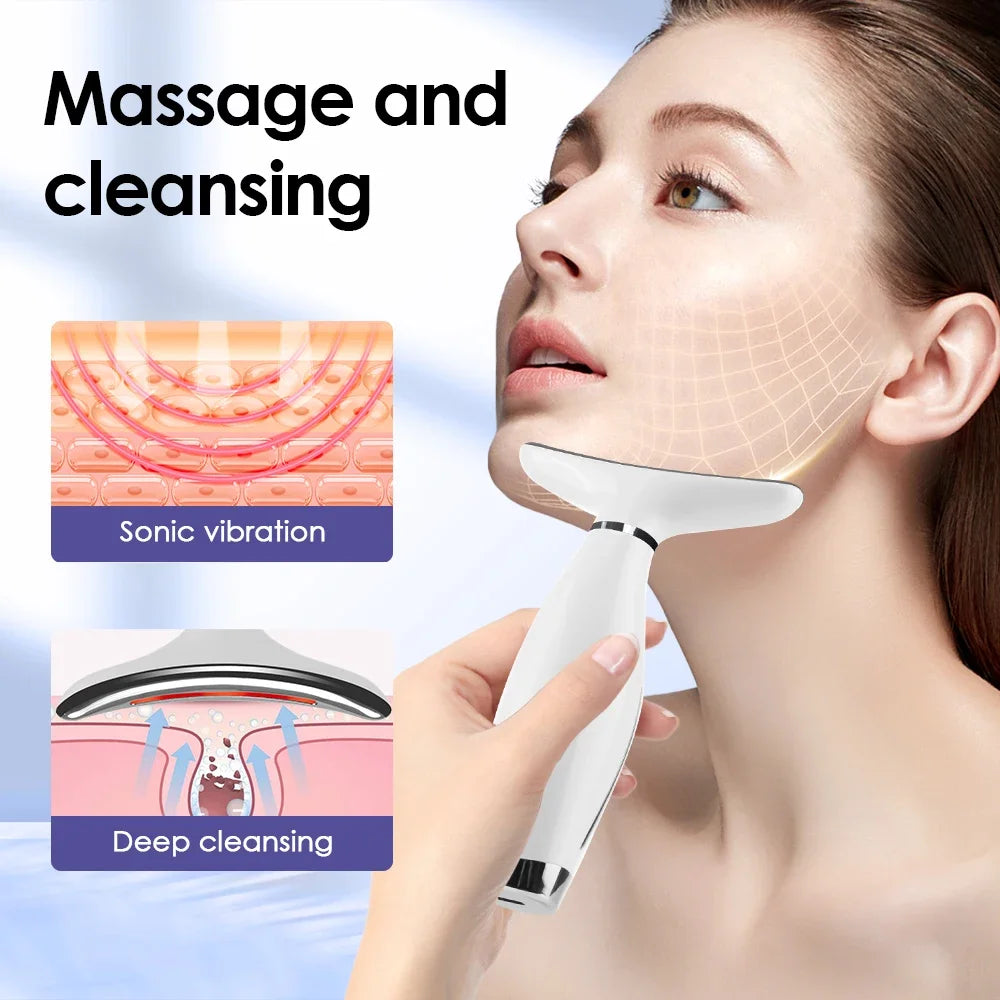 A woman is using a white LED light therapy neck and face massager for massage and cleansing.