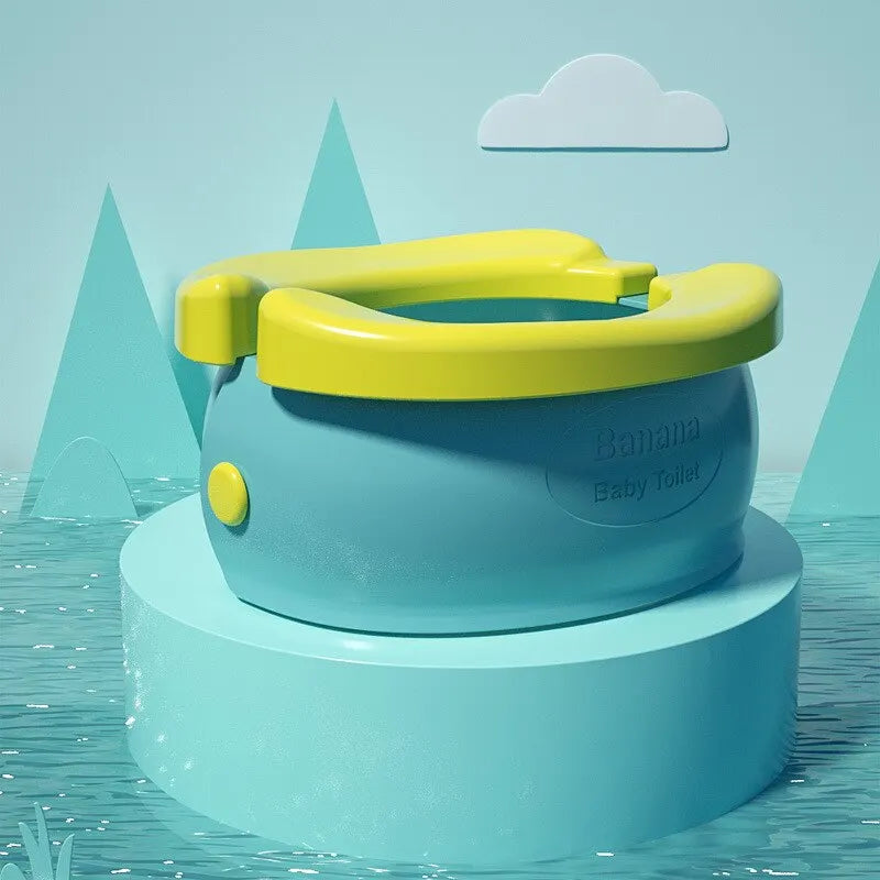 A light blue foldable travel potty for kids with a yellow handle and waste bags, displayed on a round platform.